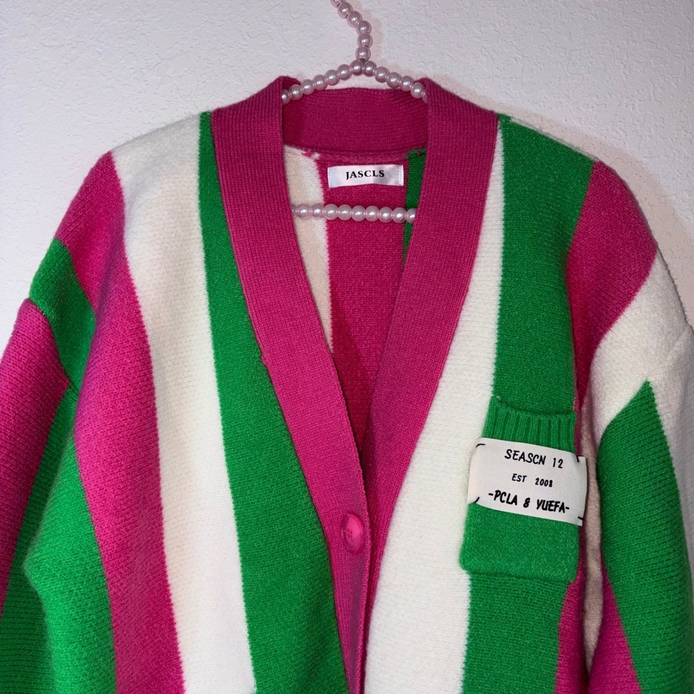 JASCLS Cardigan Pink Green White Excellent Striped Oversized V-Neck Knit Pockets